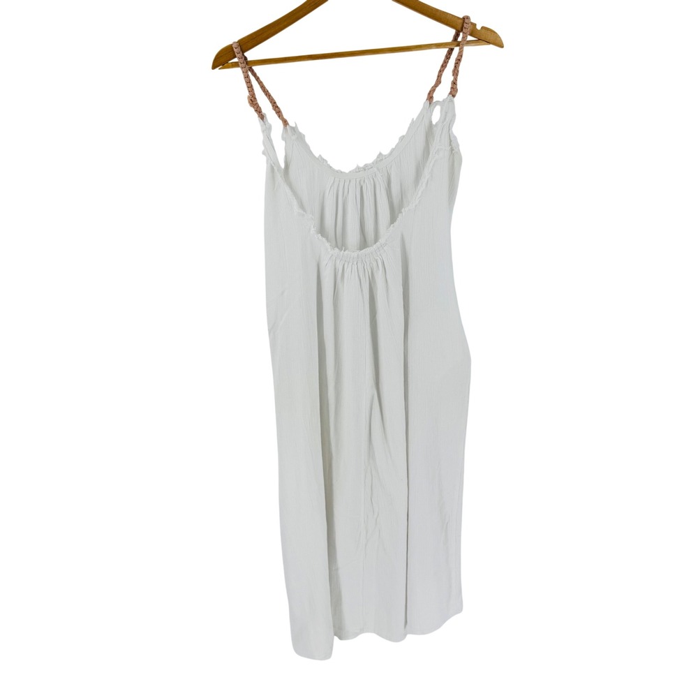 Barine White Gauze Cotton Pink Rope Strap Midi Dress Size L Beachy Boho Natural - Picture 2 of 8
